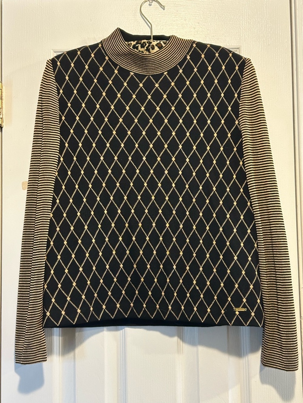 St. John Black and Cream Argyle Knit Top with Gold Logo